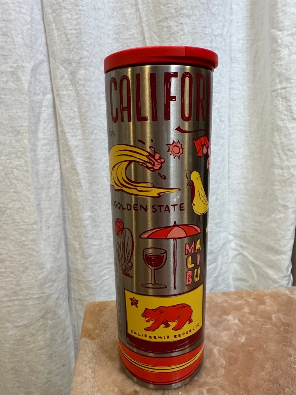Starbucks Stainless Steel Tumbler Silver & red, NWOT “Been There” California